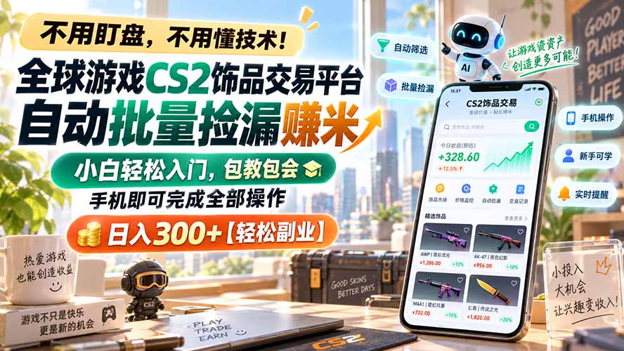 全球游戏CS2饰品交易平台自动批量捡漏赚米，小白轻松入门，包教包会，手机即可完成全部操作，日入300+【轻松副业】-MFXUI中国站