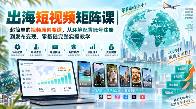 出海短视频矩阵课｜超简单的视频原创赛道，从环境配置账号注册到发布变现，零基础完整实操教学-MFXUI中国站