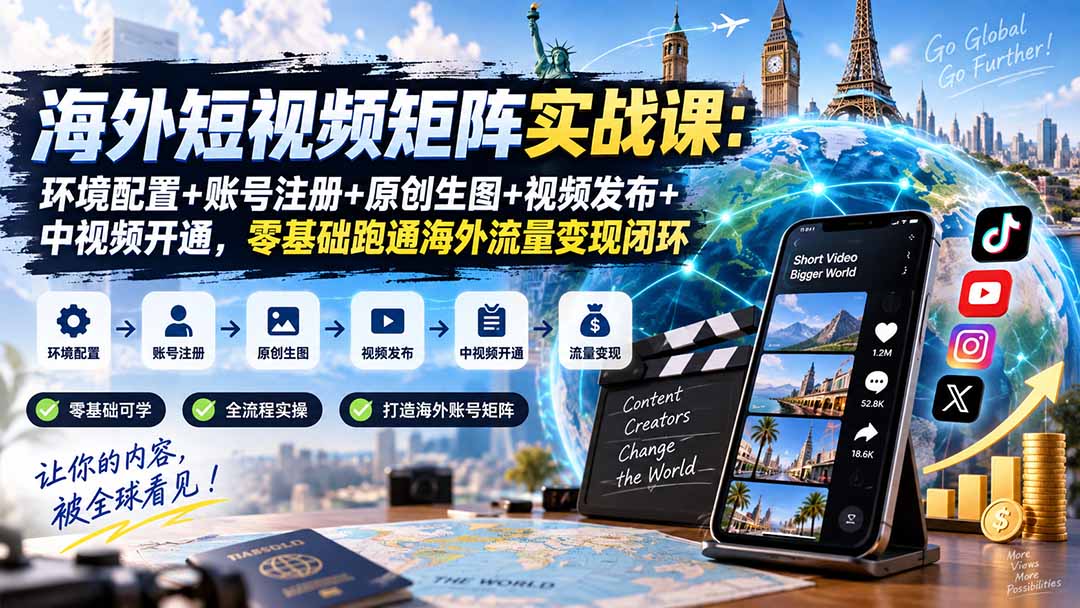 海外短视频矩阵实战课：环境配置+账号注册+原创生图+视频发布+中视频开通，零基础跑通海外流量变现闭环-MFXUI中国站
