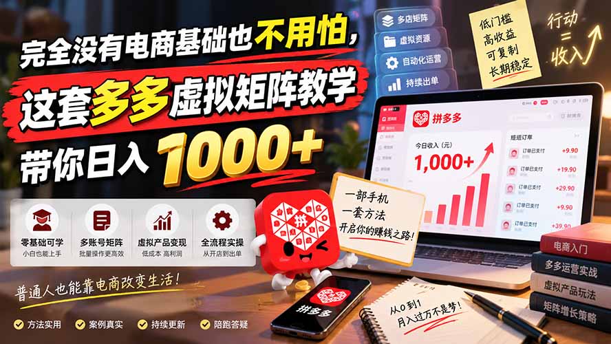 完全没有电商基础也不用怕，这套多多虚拟矩阵教学带你日入 1000+-MFXUI中国站