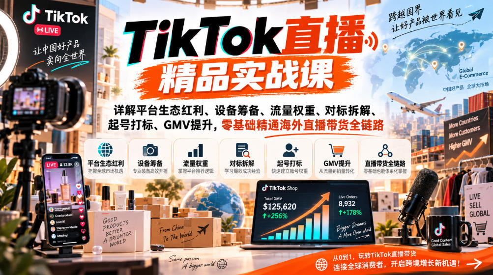 TikTok直播精品实战课，详解平台生态红利、设备筹备、流量权重、对标拆解、起号打标、GMV提升，零基础精通海外直播带货全链路-MFXUI中国站