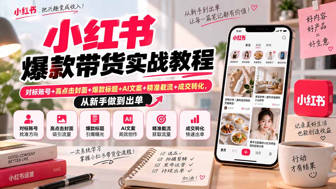 小红书爆款带货实战教程｜对标账号+高点击封面+爆款标题+AI文案+精准截流+成交转化，从新手做到出单-MFXUI中国站