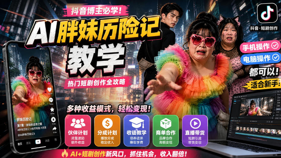 抖音博主的AI胖妹历险记教学，伙伴计划+分成计划+收徒+商单等多种收益，适合新手，手机电脑都可以操作-MFXUI中国站