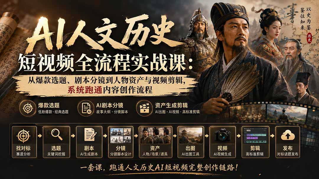 AI人文历史短视频全流程实战课-更新：从爆款选题、剧本分镜到人物资产与视频剪辑，系统跑通内容创作流程-MFXUI中国站
