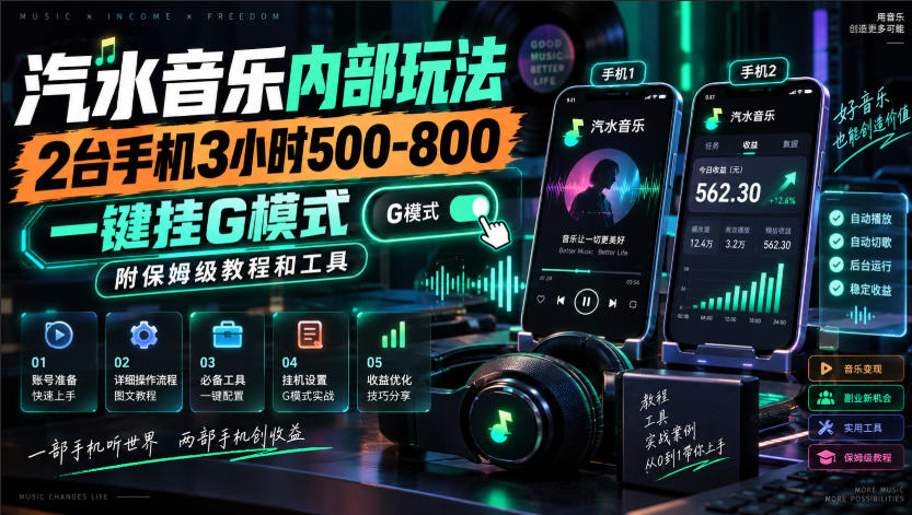 汽水音乐内部玩法，2台手机3小时500-800，一键挂G模式，附保姆级教程和工具【揭秘】-MFXUI中国站