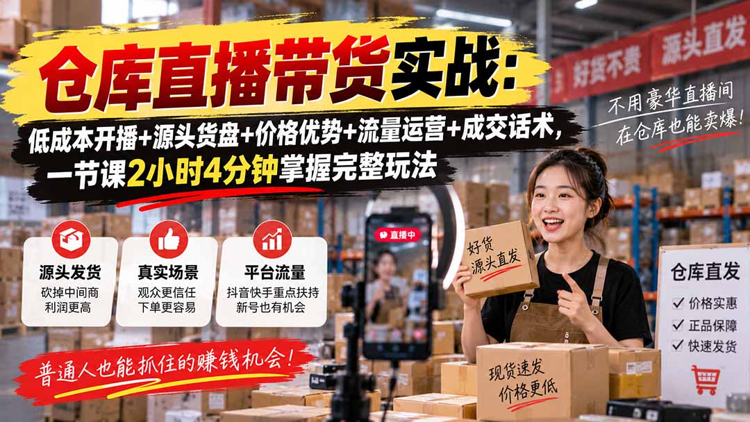 仓库直播带货实战：低成本开播+源头货盘+价格优势+流量运营+成交话术，一节课2小时4分钟掌握完整玩法-MFXUI中国站