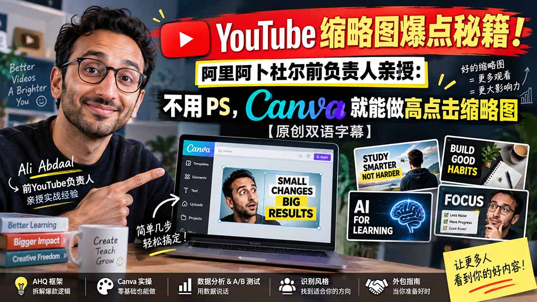 YouTube 缩略图爆点秘籍！阿里阿卜杜尔前负责人亲授：不用 PS，Canva 就能做高点击缩略图【原创双语字幕】-MFXUI中国站