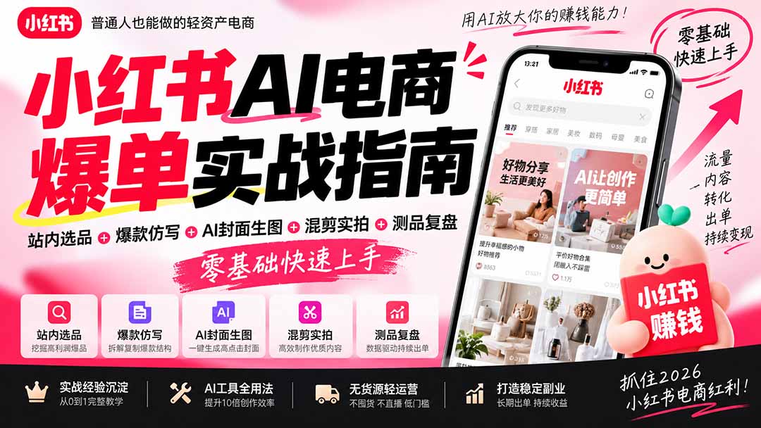 2026小红书AI电商爆单实战指南：站内选品+爆款仿写+AI封面生图+混剪实拍+测品复盘，零基础快速上手-MFXUI中国站