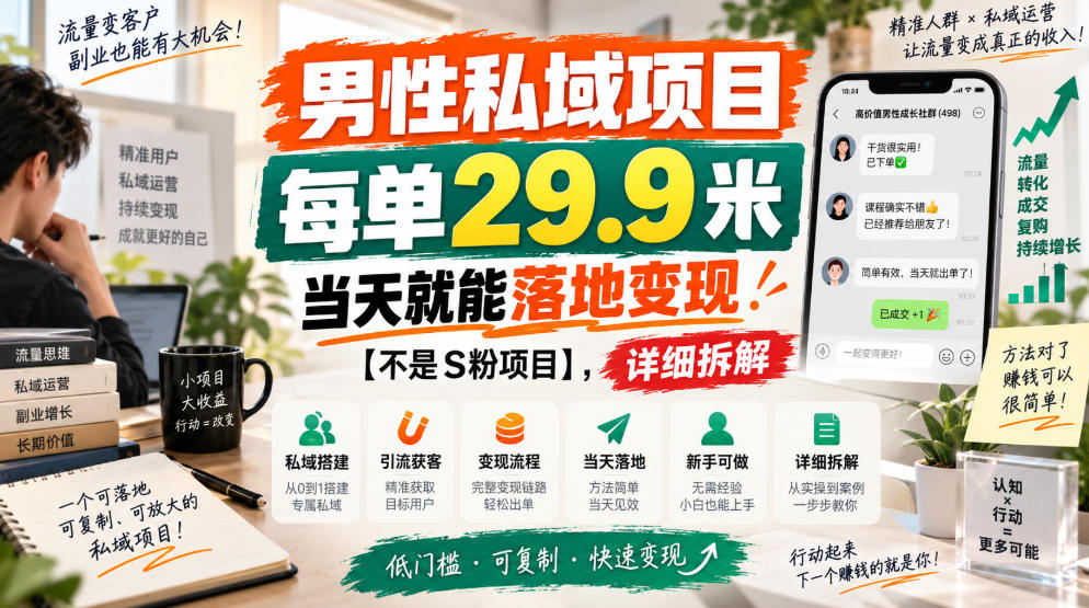男性私域项目，每单29.9米，当天就能落地变现【不是S粉项目】，详细拆解-MFXUI中国站