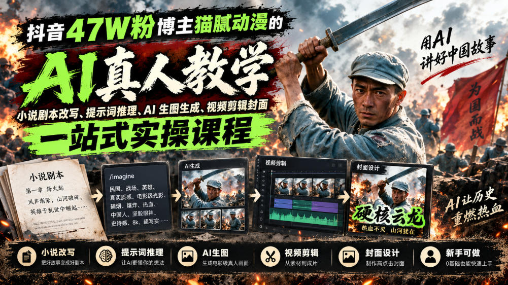 抖音47W粉博主猫腻动漫的AI真人漫剧教学，小说剧本改写、提示词推理、AI生图生成、视频剪辑封面一站式实操课程-MFXUI中国站