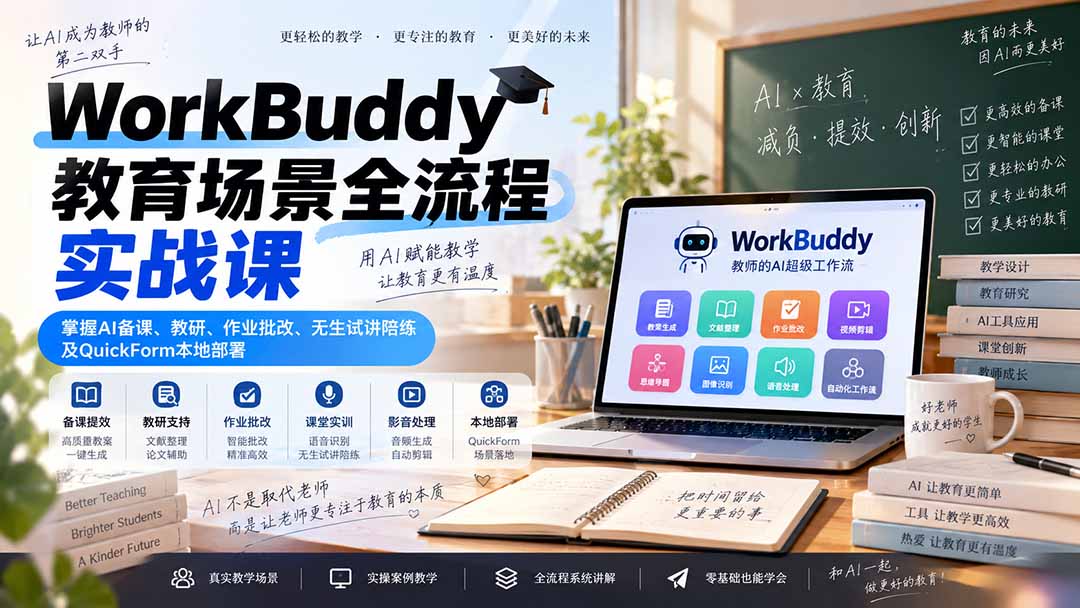 WorkBuddy教育场景全流程实战课：掌握AI备课、教研、作业批改、无生试讲陪练及QuickForm本地部署-MFXUI中国站