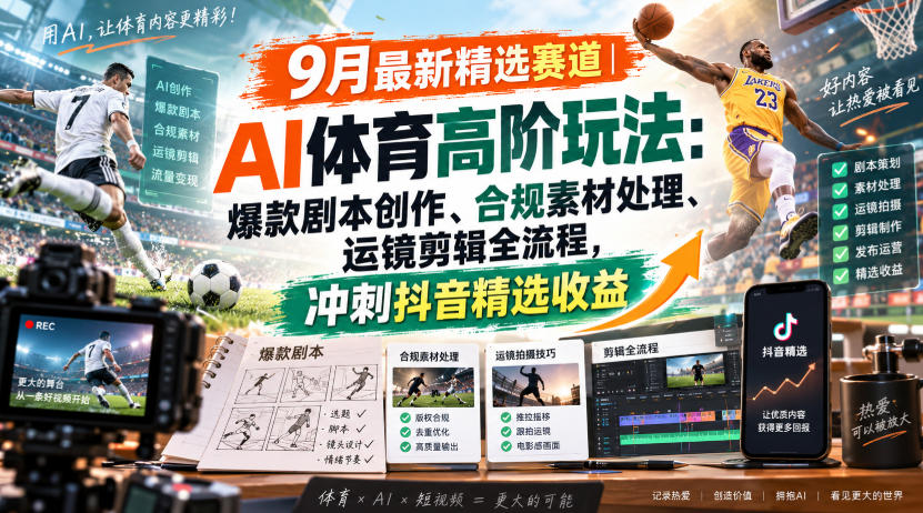 某大佬的9月最新精选赛道之AI体育顶级玩法，爆款剧本创作、版权规避、运镜剪辑全流程，稳拿抖音精选收益-MFXUI中国站