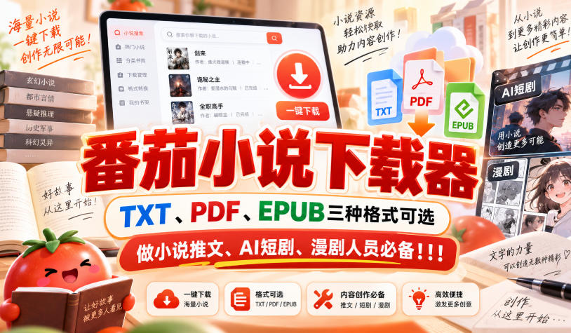 番茄小说下载器，TXT、PDF、EPUB三种格式可选，做小说推文、AI短剧、漫剧人员必备！！！-MFXUI中国站