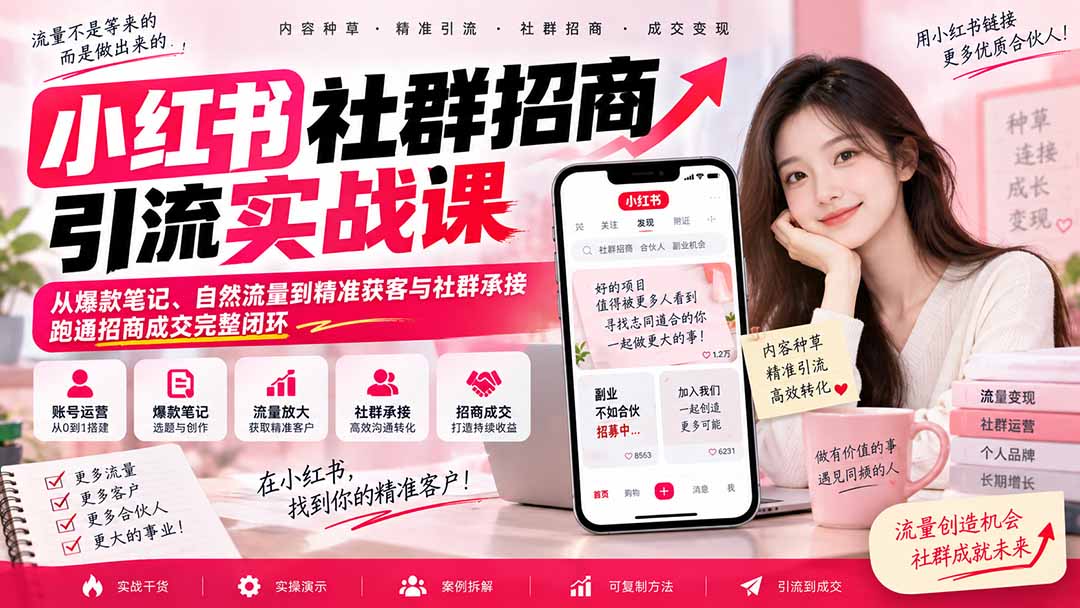 小红书社群招商引流实战课-无水印：从爆款笔记、自然流量到精准获客与社群承接，跑通招商成交完整闭环-MFXUI中国站