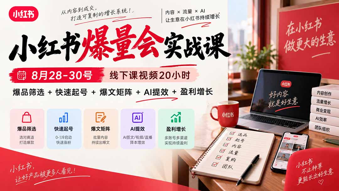 小红书爆量会实战课-更新9月17：线下课视频20小时，爆品筛选+快速起号+爆文矩阵+AI提效+盈利增长-MFXUI中国站