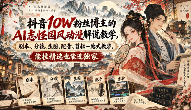 抖音10W粉丝博主满堂诡事的AI志怪国风动漫解说教学,剧本、分镜、生图、配音、剪辑一站式教学,能挂精选也能进独家-MFXUI中国站
