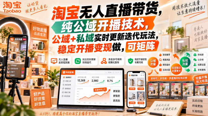 淘宝无人直播带货，纯公域开播技术，公域+私域实时更新迭代玩法，稳定开播变现做，可矩阵【揭秘】-MFXUI中国站