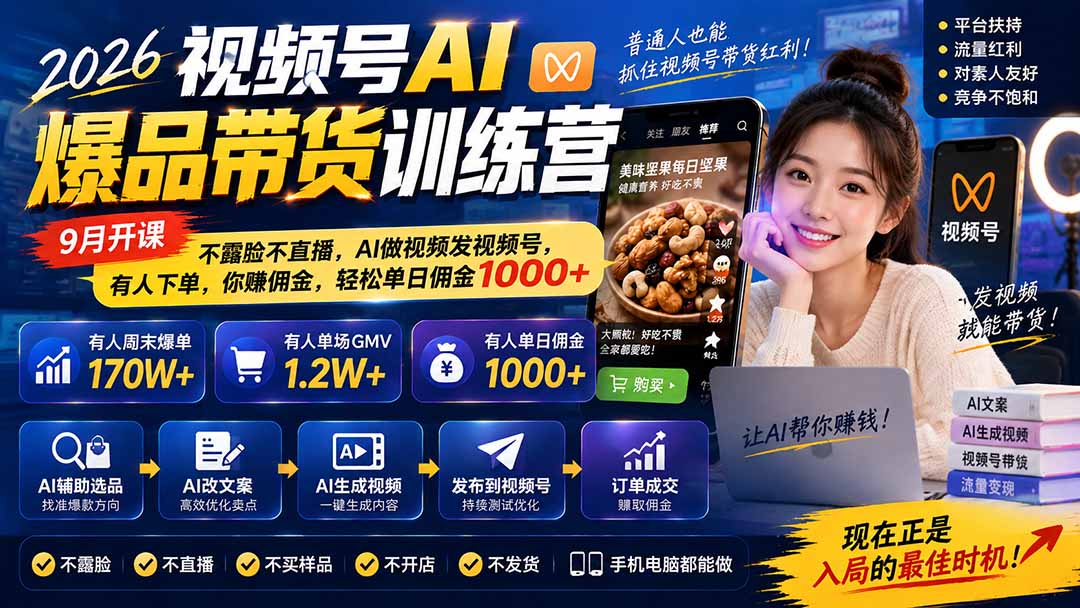 图片[1]-2026视频号AI爆品带货训练营-9月开课｜不露脸不直播，AI做视频发视频号，有人下单，你赚佣金，轻松单日佣金1000+-MFXUI中国站