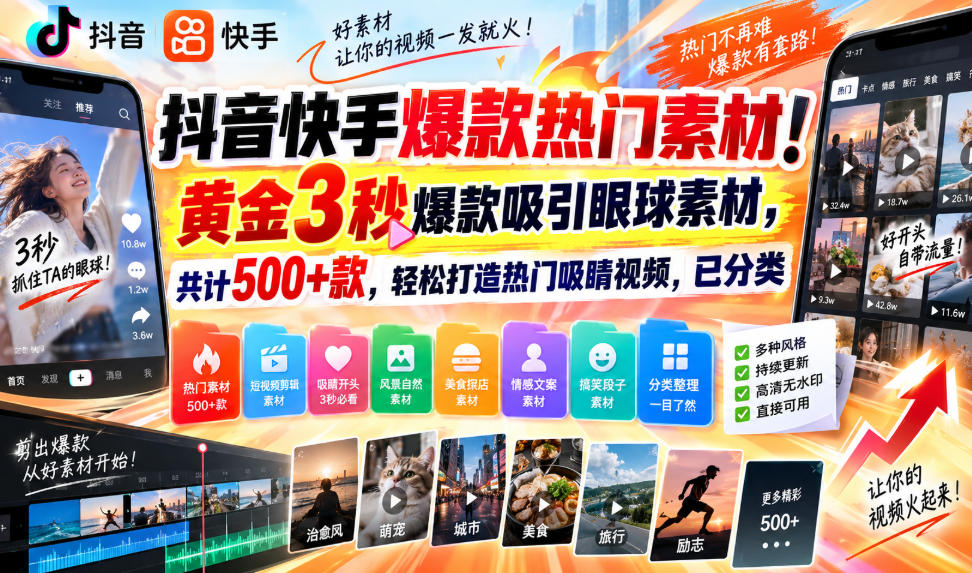 抖音快手爆款热门素材！黄金3秒爆款吸引眼球素材，共计500+款，轻松打造热门吸睛视频，已分类-MFXUI中国站