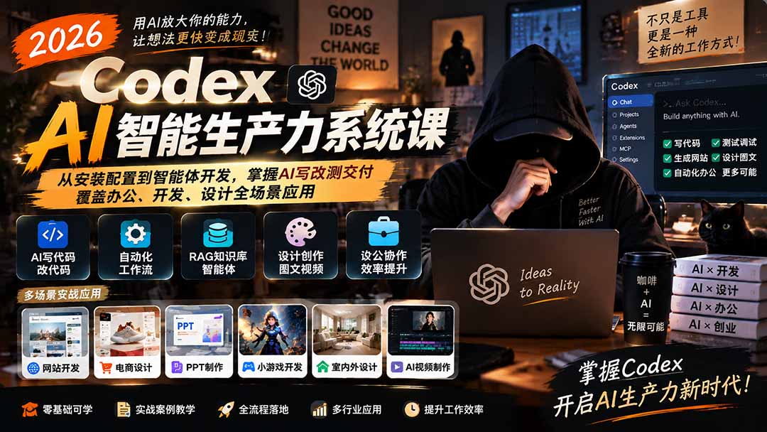 2026 Codex AI智能生产力系统课-更新|从安装配置到智能体开发,掌握AI写改测交付,覆盖办公、开发、设计全场景应用-MFXUI中国站