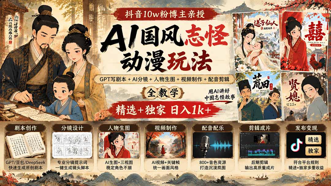 抖音10w粉博主亲授AI国风志怪动漫玩法｜GPT写剧本+AI分镜+人物生图+视频制作+配音剪辑全教学｜精选+独家日入1k+-MFXUI中国站