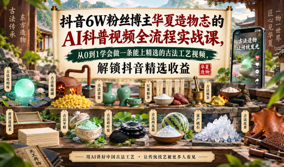 抖音6W粉丝博主华夏造物志的AI科普视频全流程实战课，从0到1学会做一条能上精选的古法工艺视频，解锁抖音精选收益-MFXUI中国站