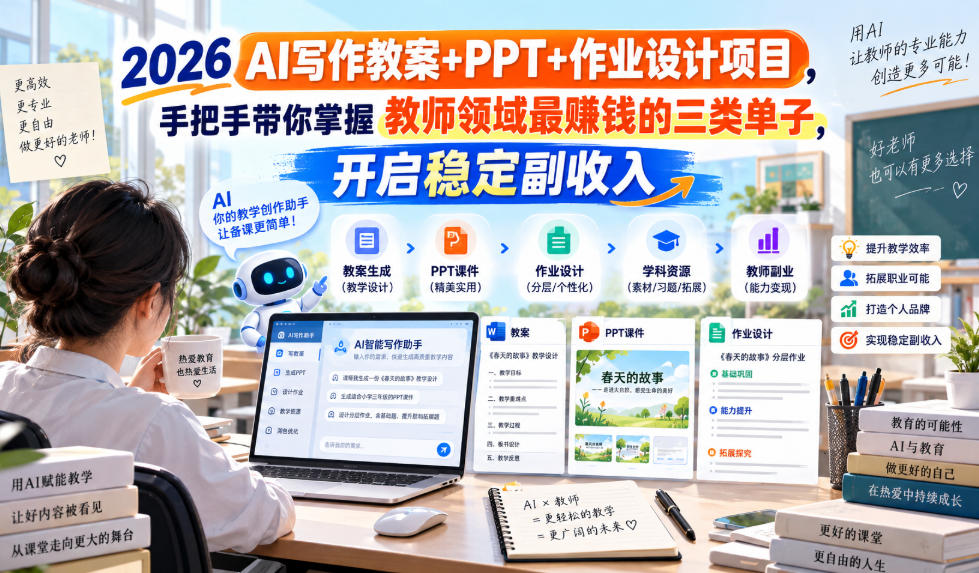 2026 AI写作教案+PPT+作业设计项目,手把手带你掌握教师领域最賺钱的三类单子,开启稳定副收入-MFXUI中国站