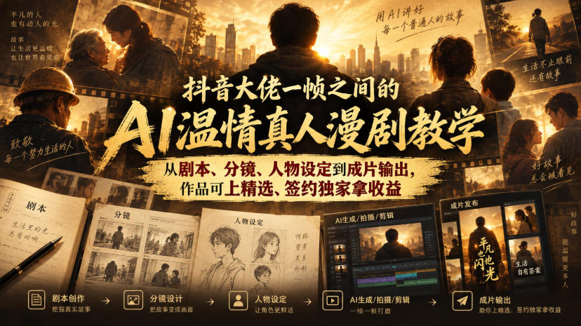 抖音大佬一帧之间的AI温情真人漫剧教学,从剧本、分镜、人物设定到成片输出,作品可上精选、签约独家拿收益-MFXUI中国站