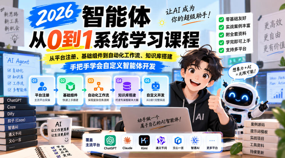 2026智能体从0到1系统学习课程，从平台注册、基础组件到自动化工作流、知识库搭建，手把手学会自定义智能体开发-MFXUI中国站