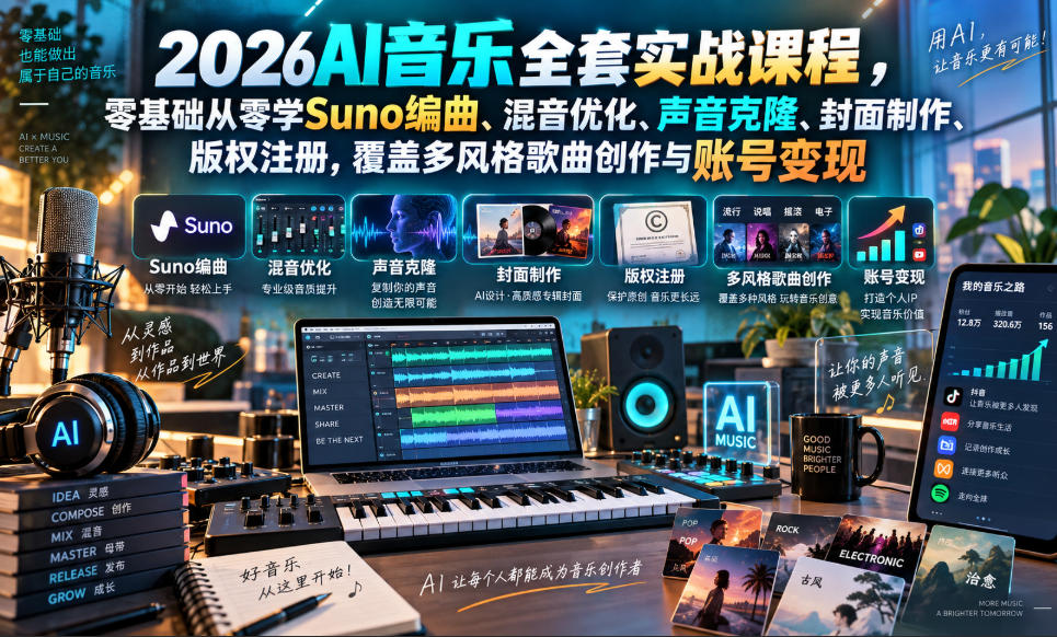 2026AI音乐实战课程，零基础从零学Suno编曲、混音优化、声音克隆、版权注册，覆盖多风格歌曲创作与账号变现-MFXUI中国站