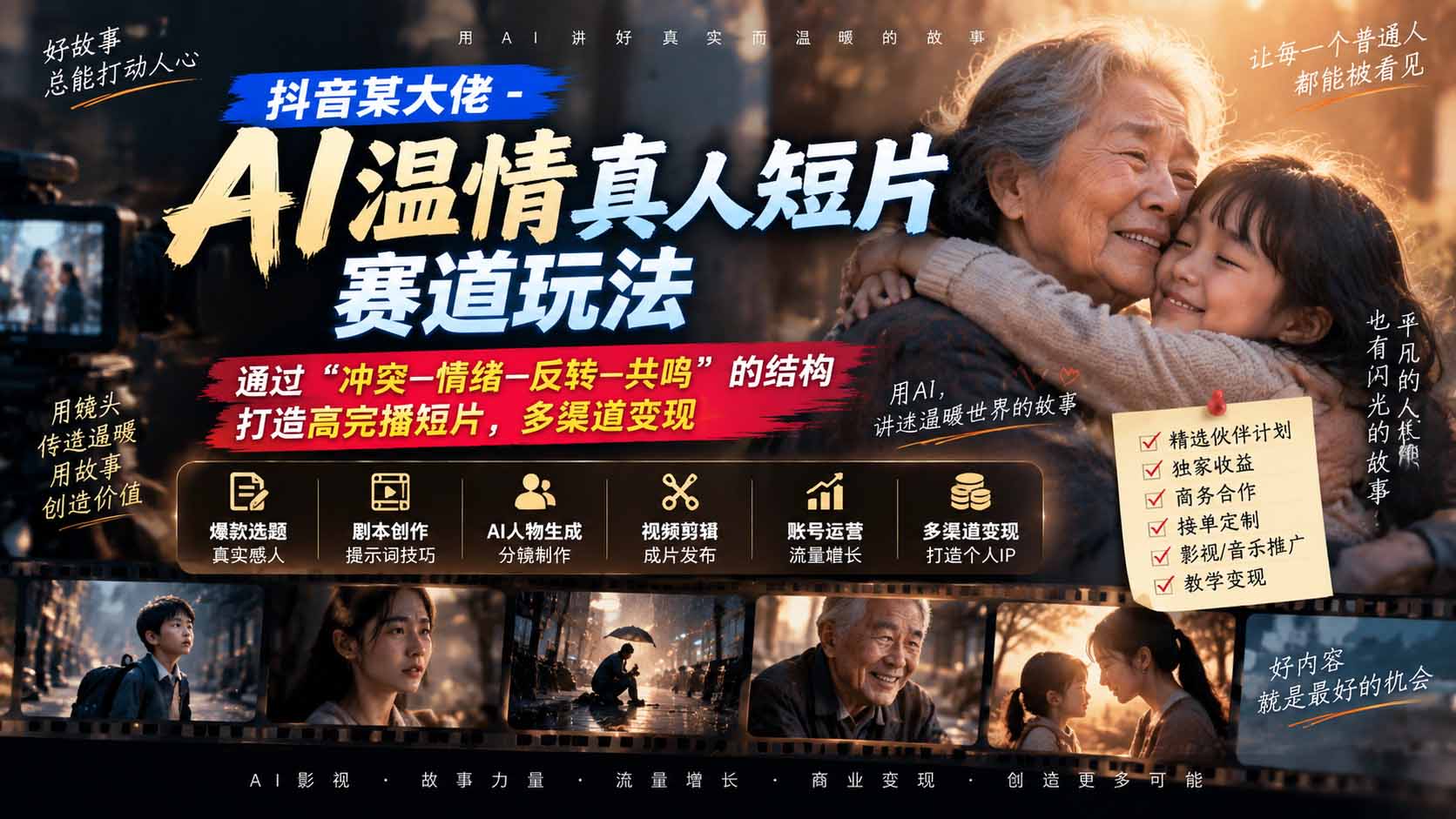 抖音某大佬-AI温情真人短片赛道玩法：通过“冲突—情绪—反转—共鸣”的结构打造高完播短片，多渠道变现-MFXUI中国站