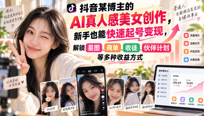 抖音某博主的AI真人感美女创作，新手也能快速起号变现，解锁星图，商单，收徒，伙伴计划等多种收益方式-MFXUI中国站