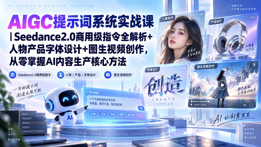 AIGC提示词系统实战课-无水印｜Seedance2.0商用级指令全解析+人物产品字体设计+图生视频创作，掌握AI内容生产方法-MFXUI中国站