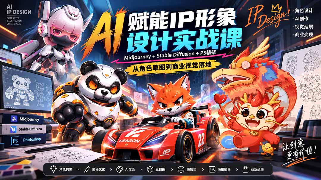 AI赋能IP形象设计实战课-无水印：Midjourney+Stable Diffusion+PS精修，从角色草图到商业视觉落地-MFXUI中国站