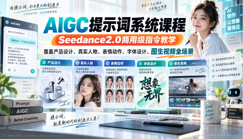 AIGC提示词系统课程,Seedance2.0商用级指令教学,覆盖产品设计、真实人物、表情动作、字体设计、图生视频全场景-MFXUI中国站