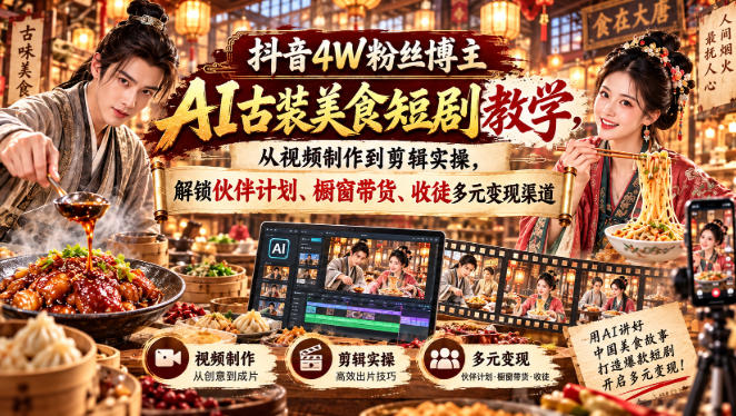 抖音4W粉丝博主AI古装美食短剧教学，从视频制作到剪辑实操，解锁伙伴计划、橱窗带货、收徒多元变现渠道-MFXUI中国站
