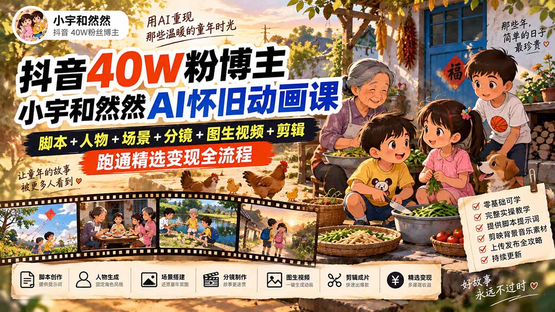 抖音40W粉博主小宇和然然AI怀旧动画课｜脚本+人物+场景+分镜+图生视频+剪辑，跑通精选变现全流程-MFXUI中国站