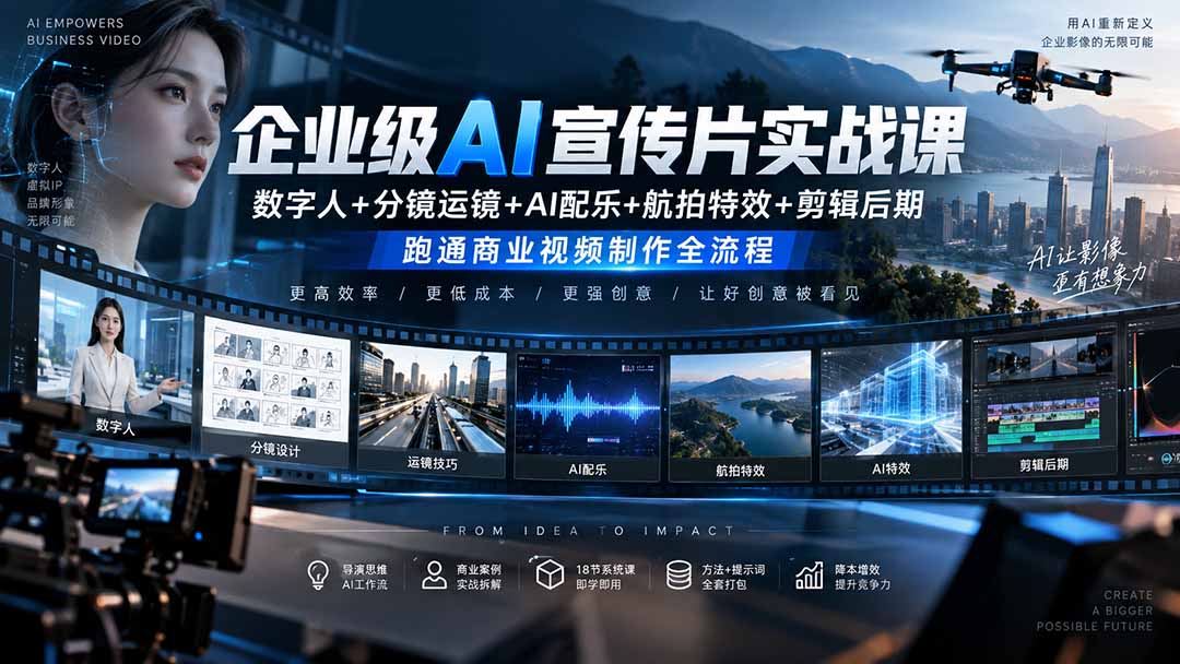 企业级AI宣传片实战课｜数字人+分镜运镜+AI配乐+航拍特效+剪辑后期，跑通商业视频制作全流程-MFXUI中国站