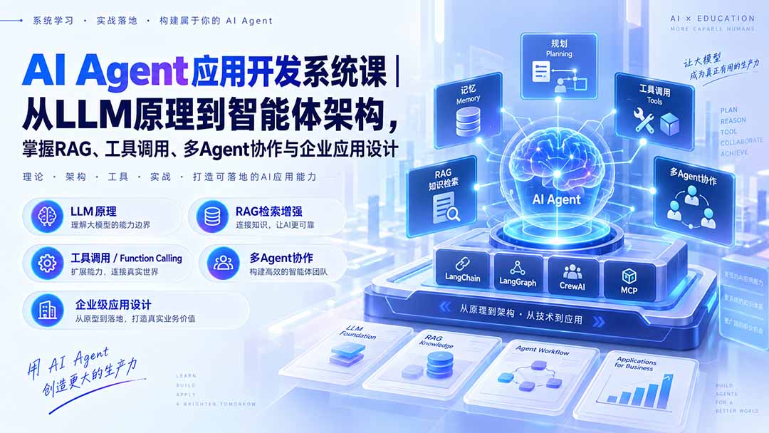 AI Agent应用开发系统课-179节|从LLM原理到智能体架构,掌握RAG、工具调用、多Agent协作与企业应用设计-MFXUI中国站