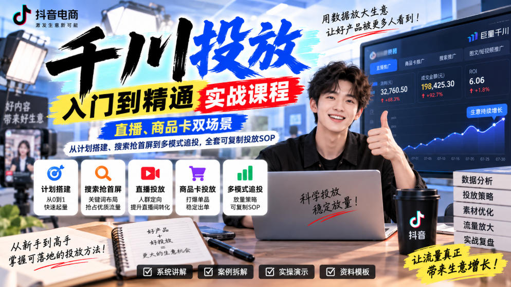 千川投放入门到精通实战课程，直播、商品卡双场景，从计划搭建、搜索抢首屏到多模式追投，全套可复制投放SOP-MFXUI中国站