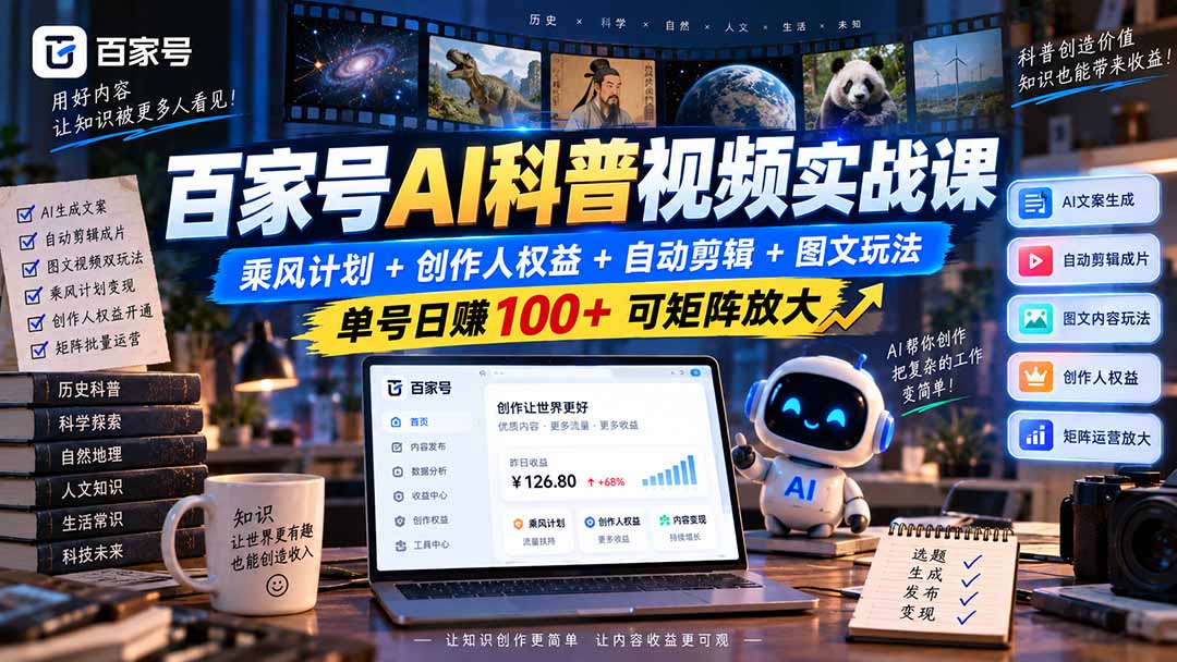 百家号AI科普视频实战课：乘风计划+创作人权益+自动剪辑+图文玩法，单号日赚100+可矩阵放大-MFXUI中国站