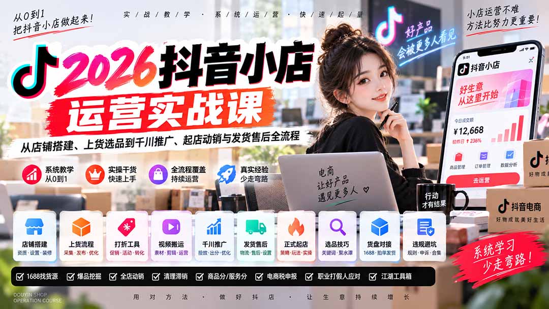 2026抖音小店运营实战课|从店铺搭建、上货选品到千川推广、起店动销与发货售后全流程-MFXUI中国站