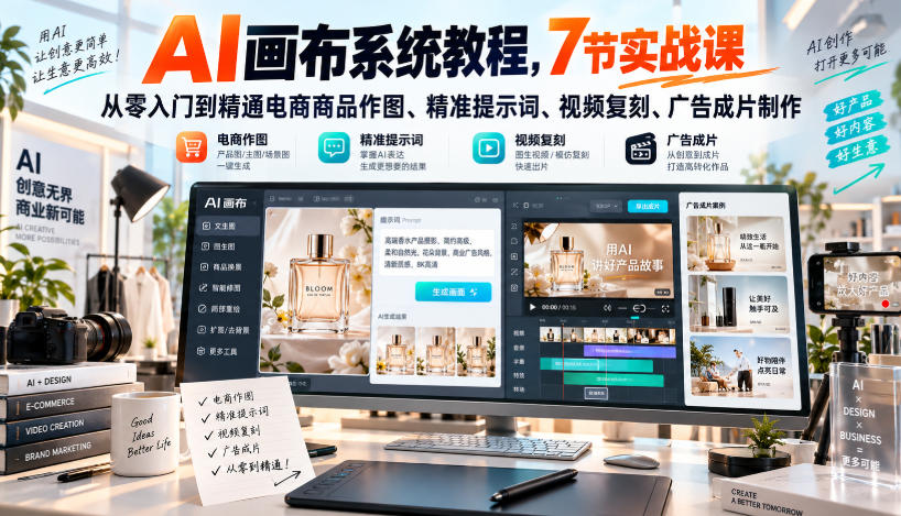 AI画布系统教程,7节实战课从零入门到精通电商商品作图、精准提示词、视频复刻、广告成片制作-MFXUI中国站