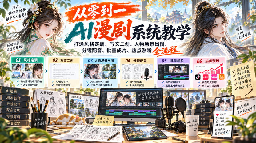 从零到一AI漫剧系统教学,打通风格定调、写文二创、人物场景出图、分镜配音、批量成片、热点涨粉全流程-MFXUI中国站
