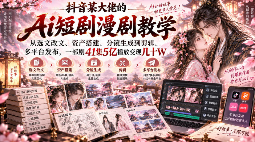 抖音某大佬的Ai短剧漫剧教学，从选文改文、资产搭建、分镜生成到剪辑、多平台发布，一部剧41集5亿播放变现几十W-MFXUI中国站