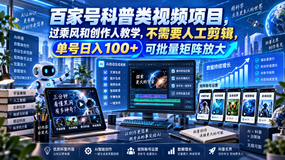 百家号科普类视频项目,过乘风和创作人教学,不需要人工剪辑,单号日入100+可批量矩阵放大-MFXUI中国站