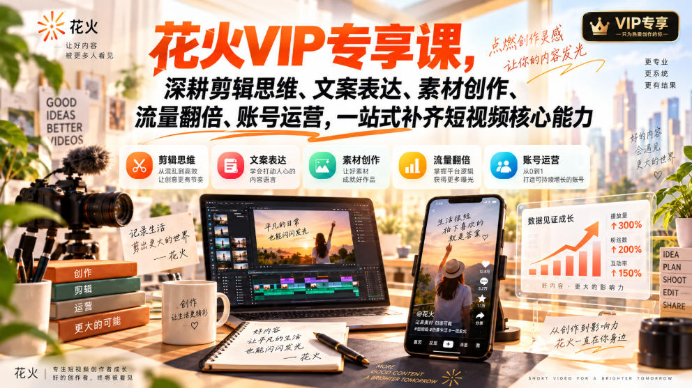 花火VIP专享课，深耕剪辑思维、文案表达、素材创作、流量翻倍、账号运营，一站式补齐短视频核心能力-MFXUI中国站