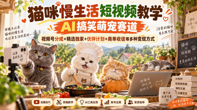 猫咪慢生活短视频教学，AI搞笑萌宠赛道，视频号分成+精选独家+伙伴计划+商单收徒等多种变现方式-MFXUI中国站