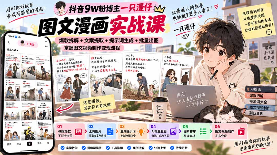 抖音9W粉博主一只漫仔图文漫画课：爆款拆解+文案提取+提示词生成+批量出图，掌握图文视频制作变现流程-MFXUI中国站