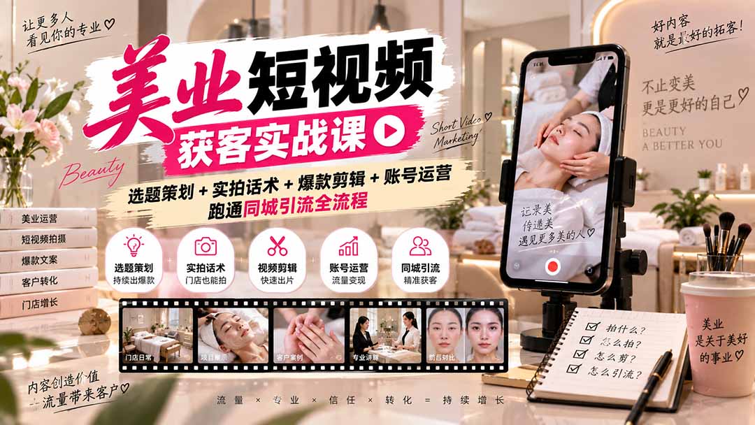 美业短视频获客实战课-无水印：选题策划+实拍话术+爆款剪辑+账号运营，跑通同城引流全流程-MFXUI中国站